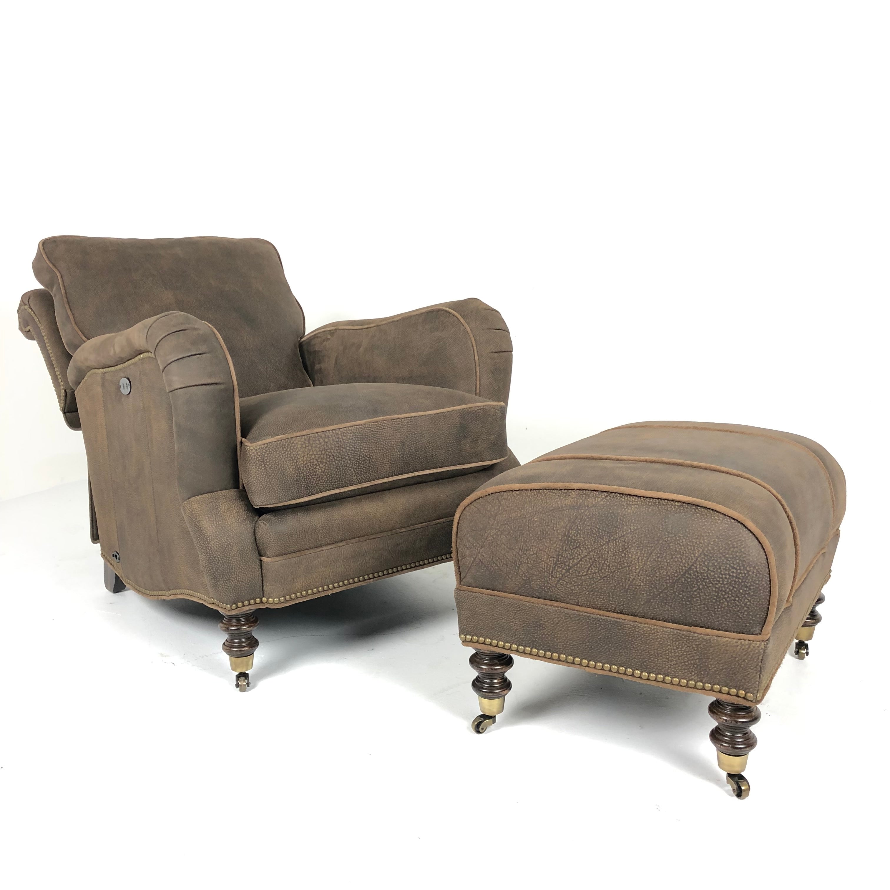 Cyrus Leather Tilt Back Chair & Ottoman by Wesley Hall shown in Zulu Chocolate leather - front/side reclined