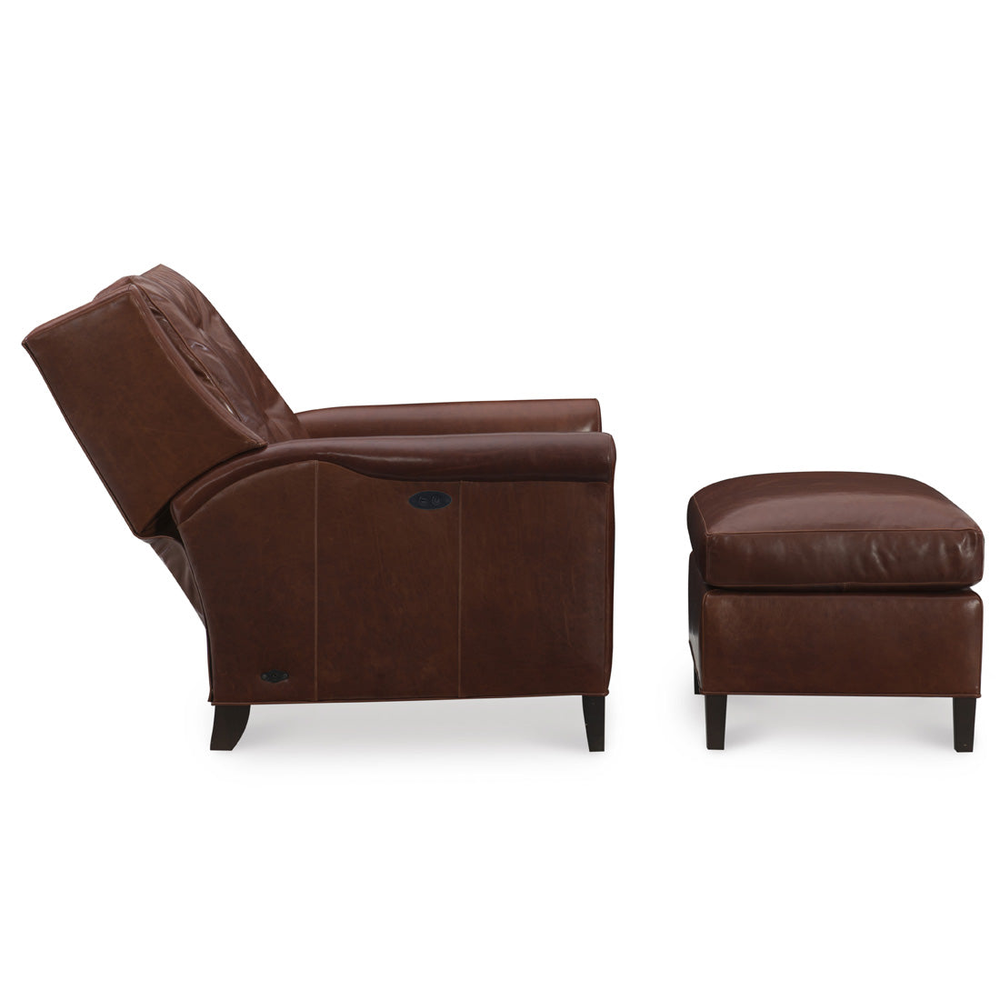 Fallon Leather Tilt Back Chair and Ottoman Mont Blanc Chianti leather by Wesley Hall - side view reclined