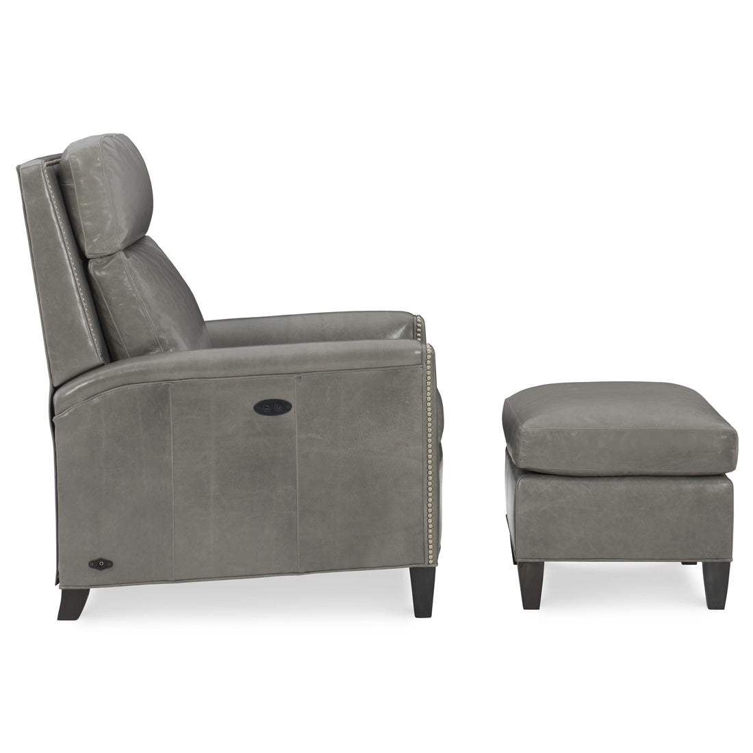 Whitener Leather Tilt Back Chair and Ottoman by Wesley Hall shown in Giles Steel Grey leather - side view upright