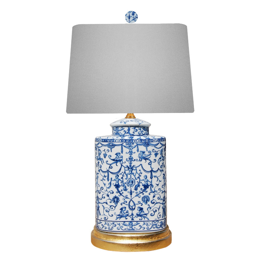 Blue & White Euro Style Oval Urn Table Lamp with Gold Leaf Base