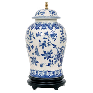 Pheasant on Tree Vines Blue & White Temple Jar Porcelain Lamp