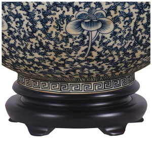 Dark Blue & White Lotus Swirl Porcelain Bowl with Base