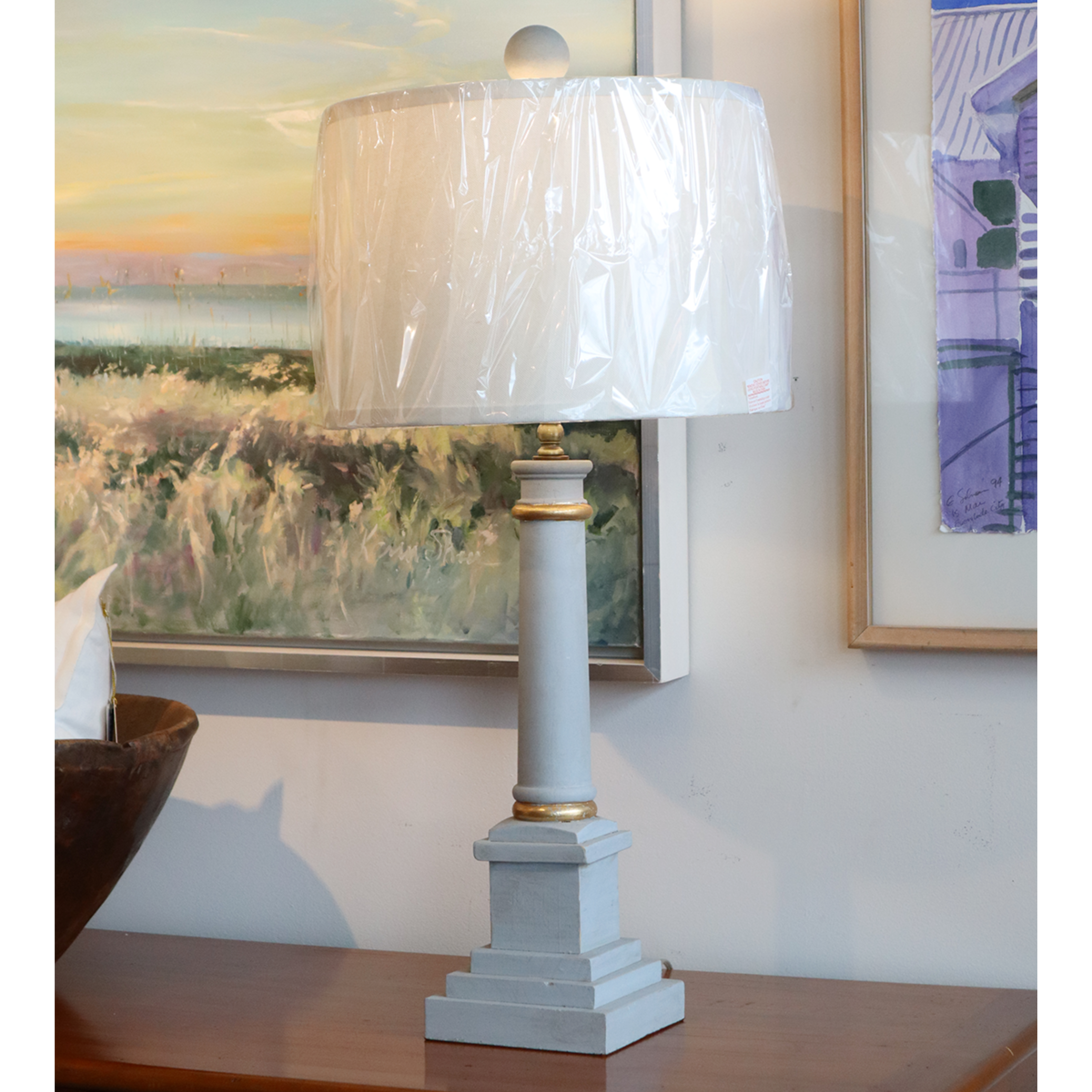 Grey/Blue Wooden Post Lamp w/ Gold Leaf Detail