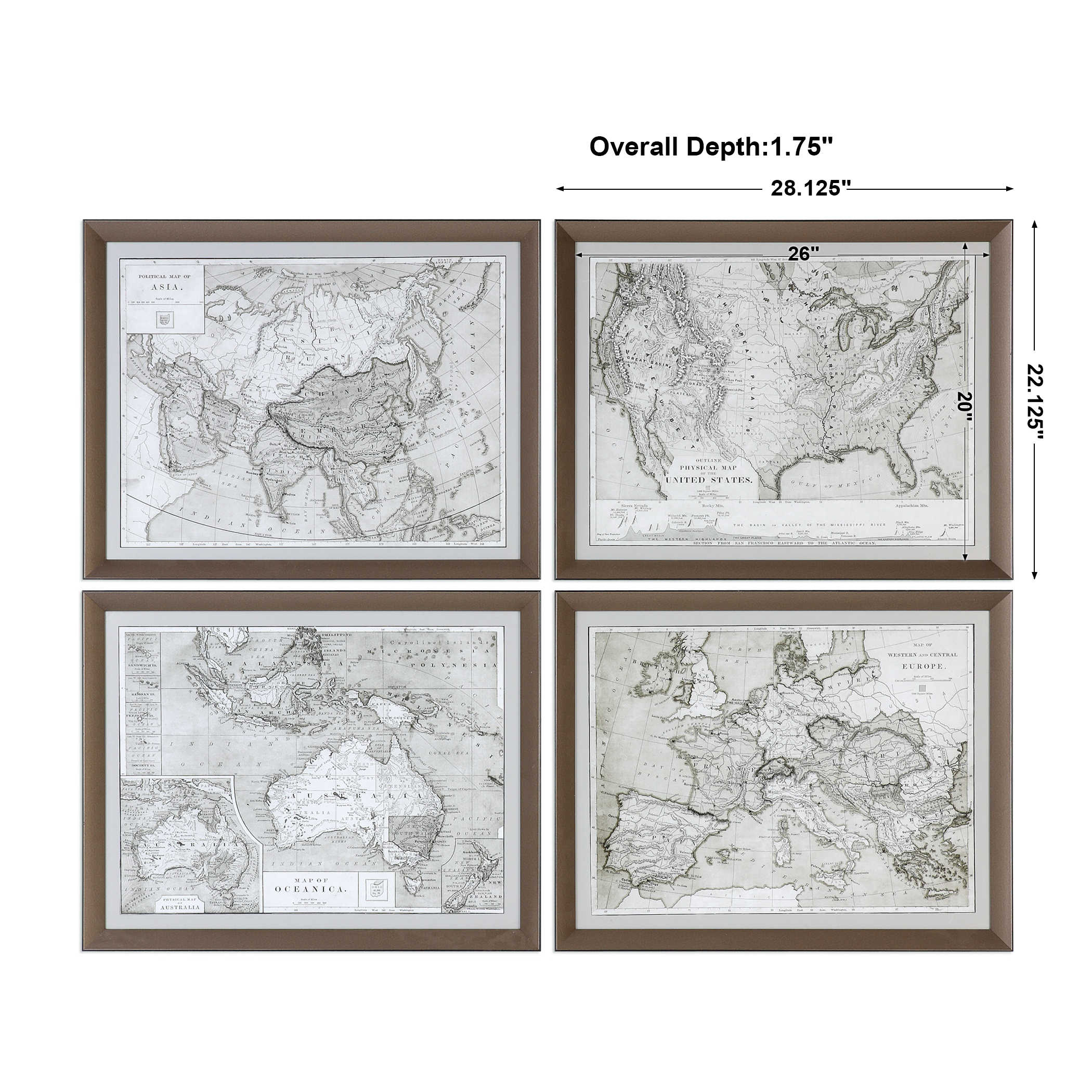 World Maps Framed Prints, Set of 4