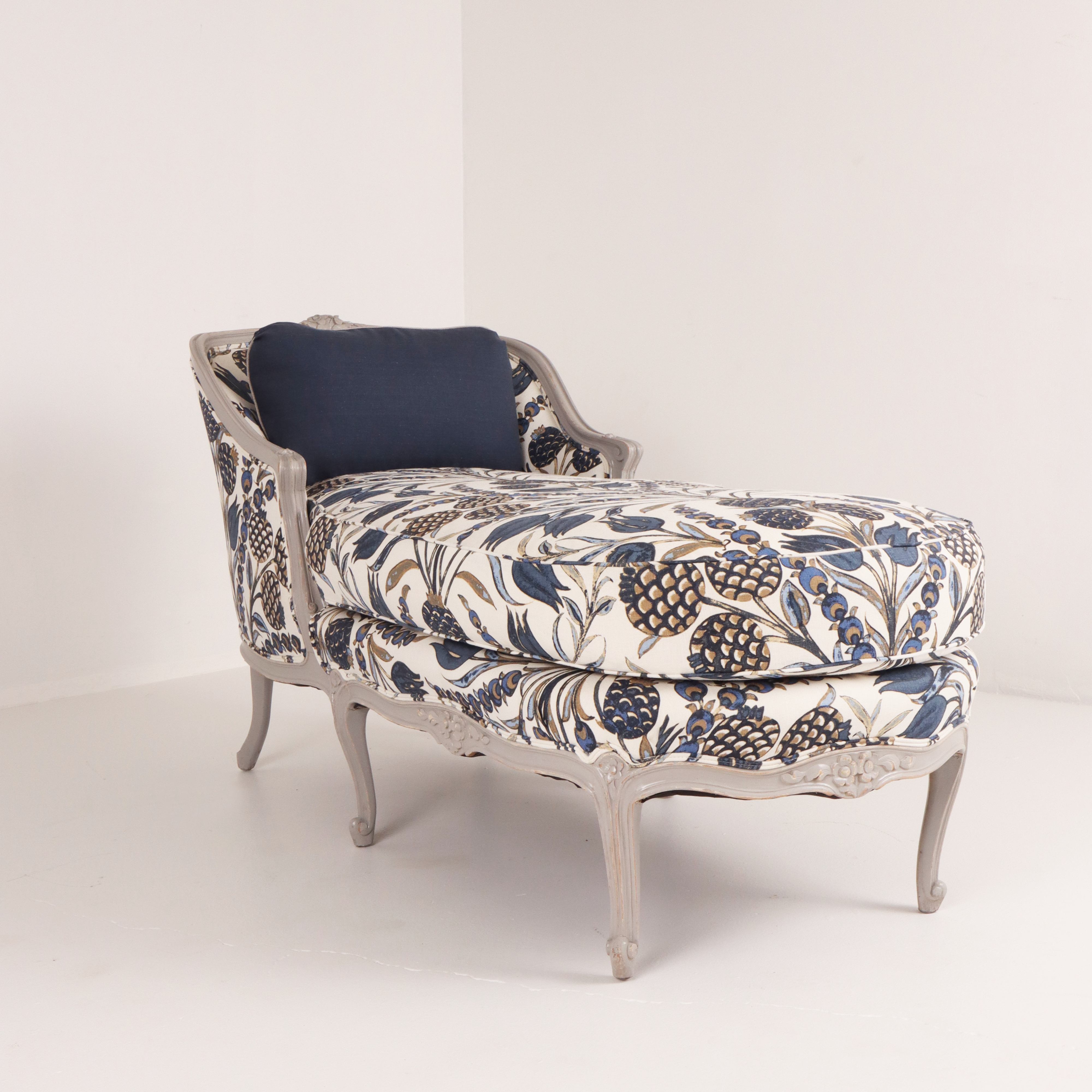 French Antique Chaise Lounge in Thibaut Cornelia Navy Fabric