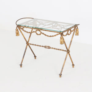 Vintage French Metal Gilded Table w/ Glass Top