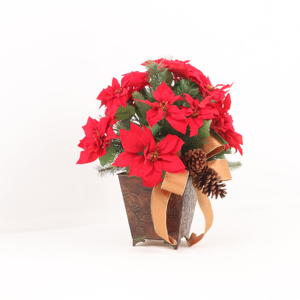 Red Poinsettia Basket with Ribbon and Pine