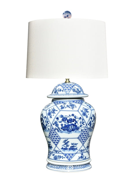 Blue & White Botanicals with Geometric Fish Scale Accent Porcelain Temple Jar Lamp