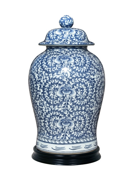 Dark Blue & White Lotus Swirl Porcelain Temple Jar with Base