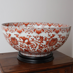 Coral Red Floral Porcelain Bowl with Base