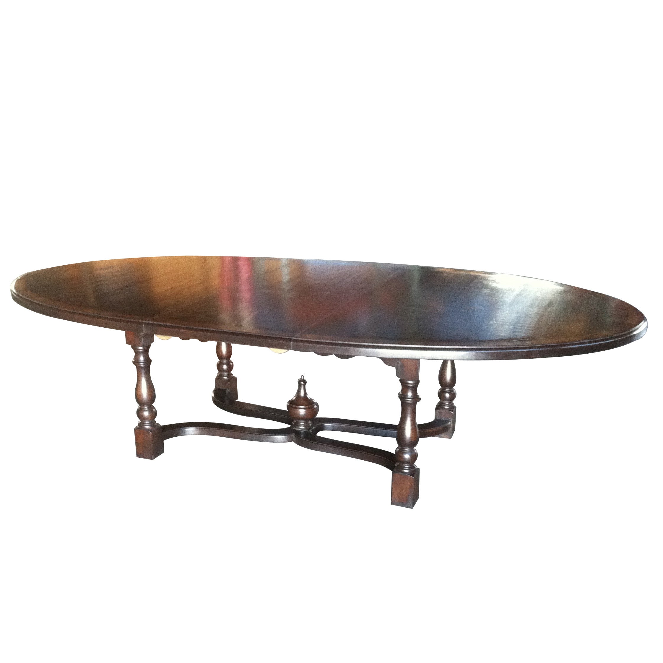 English Oval Refectory Table on a Wavy Stretcher with Turned Finial
