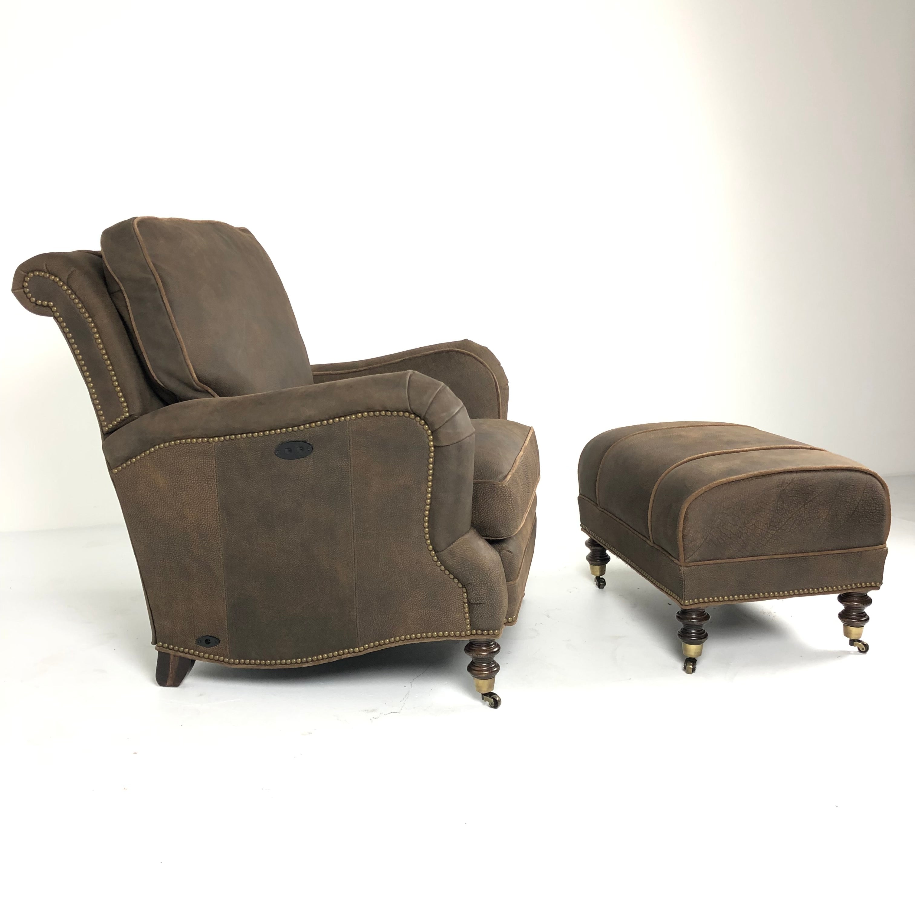 Cyrus Leather Tilt Back Chair & Ottoman by Wesley Hall shown in Zulu Chocolate leather - side view