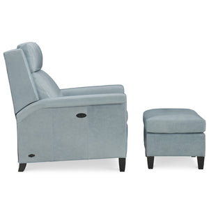 Talley Leather Tilt Back Chair and Ottoman by Wesley Hall shown in Mont Blanc Light Blue leather - side view