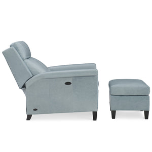 Talley Leather Tilt Back Chair and Ottoman by Wesley Hall shown in Mont Blanc Light Blue leather - partially reclined