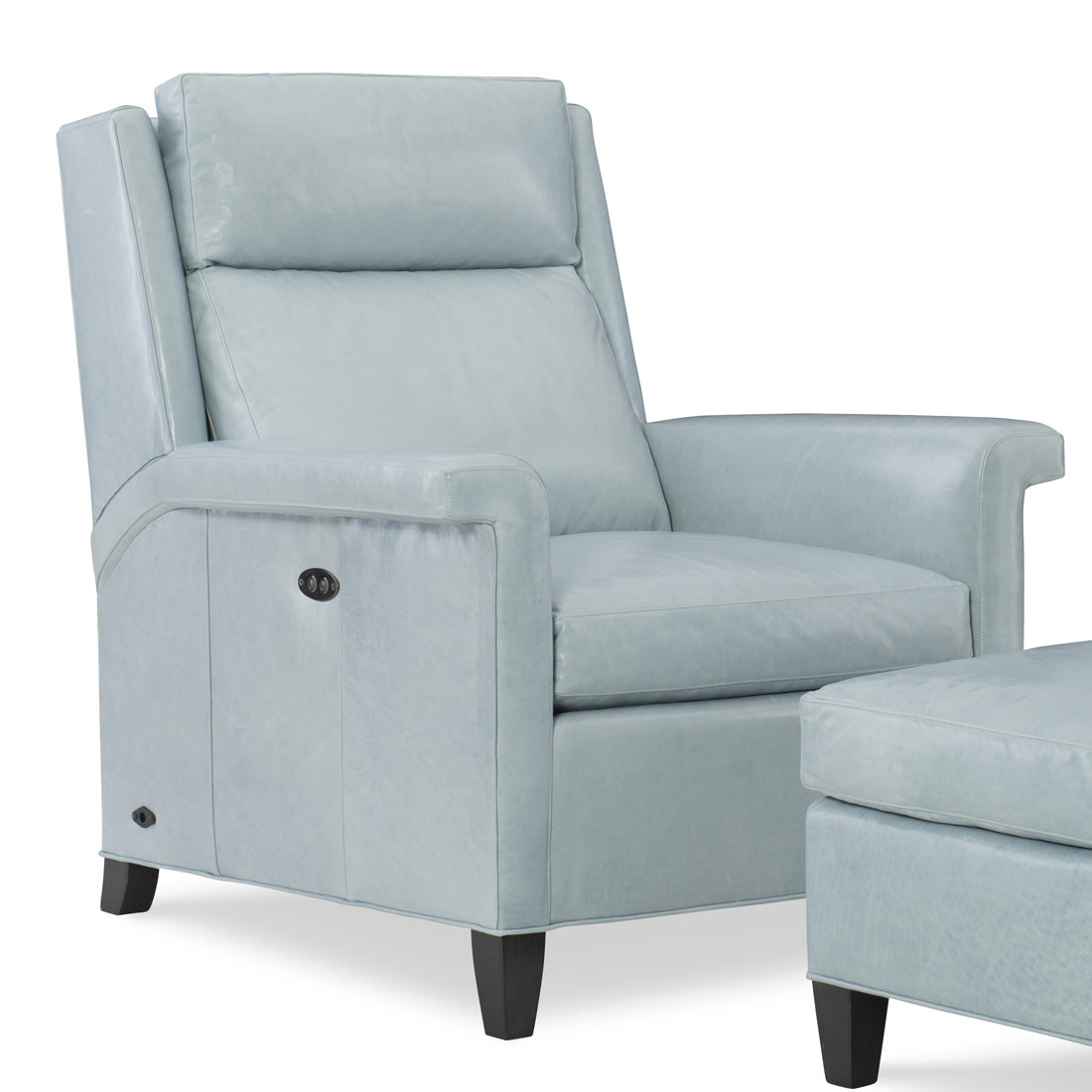 Talley Leather Tilt Back Chair and Ottoman by Wesley Hall shown in Mont Blanc Light Blue leather - close up