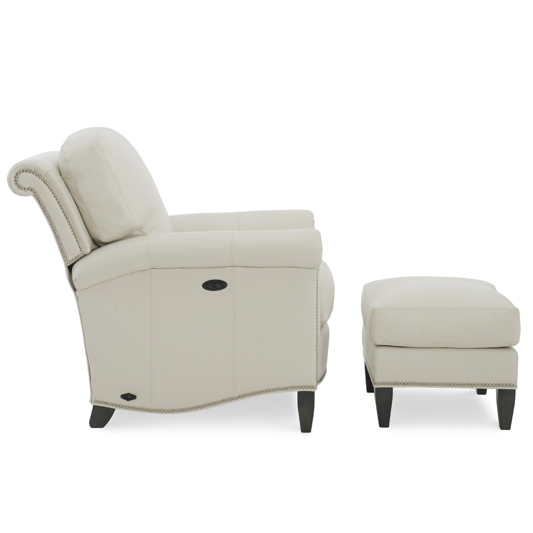 Gentry Leather Tilt Back Chair and Ottoman in Tribeca Cream leather by Wesley Hall - side view