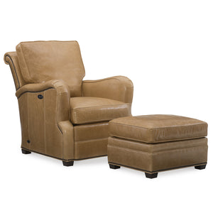 Crawford Leather Tilt Back Chair and Ottoman in Giles Fawn leather by Wesley Hall