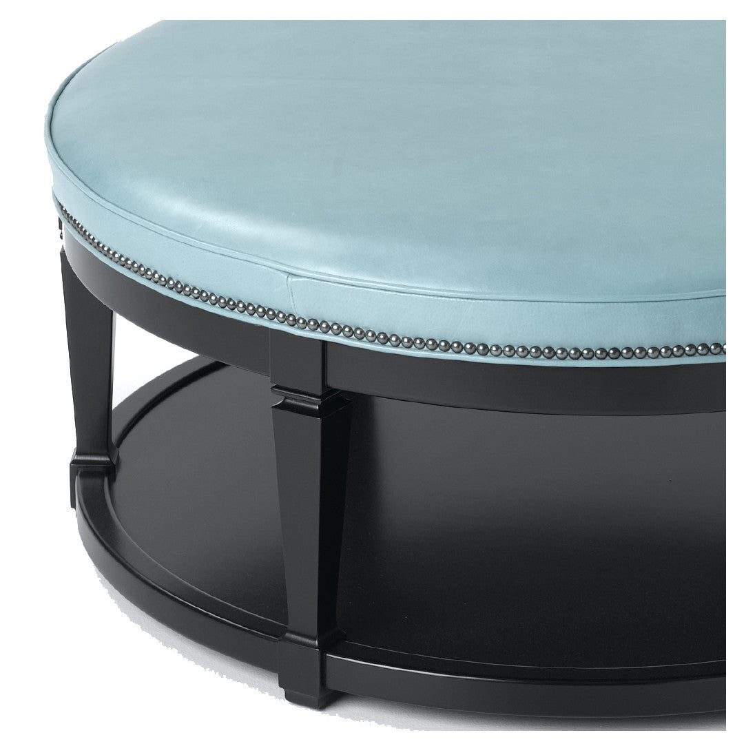 Carrie Leather Table Ottoman in Mont Blanc Light Blue leather by Wesley Hall - close up