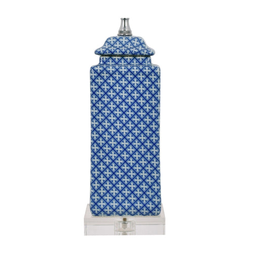 Admiral Blue & White Lattice Square Porcelain Cover Lamp with Crystal Base