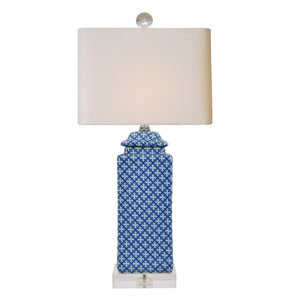 Admiral Blue & White Lattice Square Porcelain Cover Lamp with Crystal Base