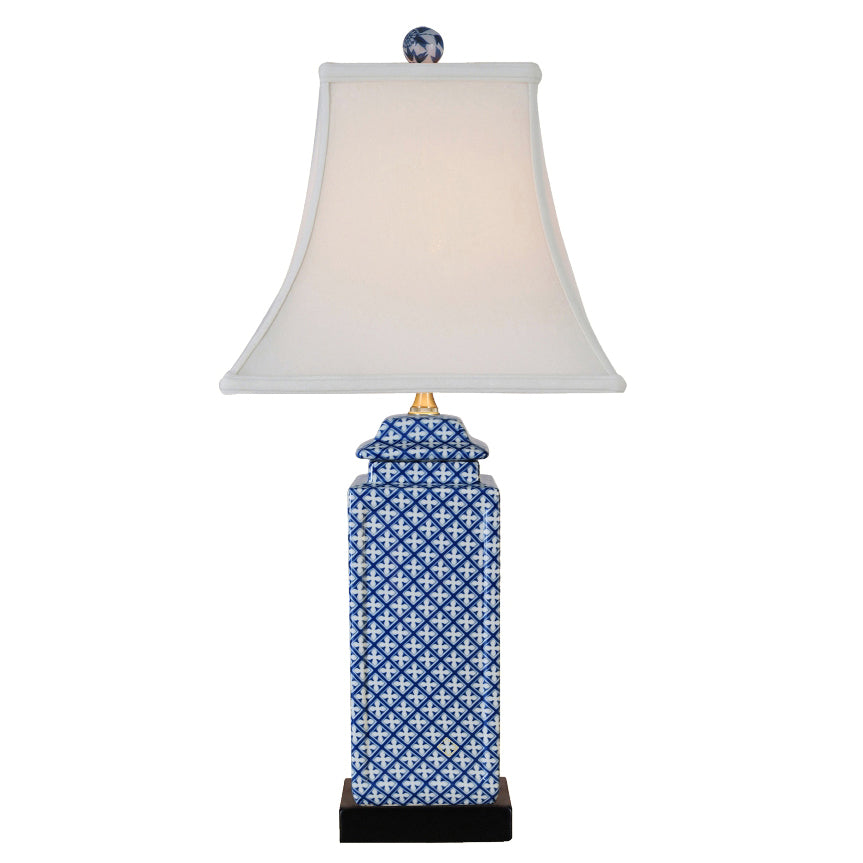 Admiral Blue & White Lattice Square Cover Porcelain Jar Lamp