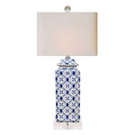 Blue & White Porcelain Square Cover Lamp with Crystal Base