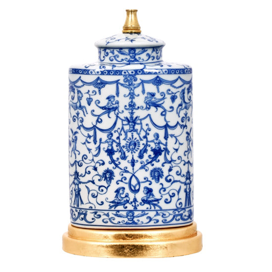 Oriental Blue & White Euro Style Oval Urn Table Lamp with Gold Leaf Base