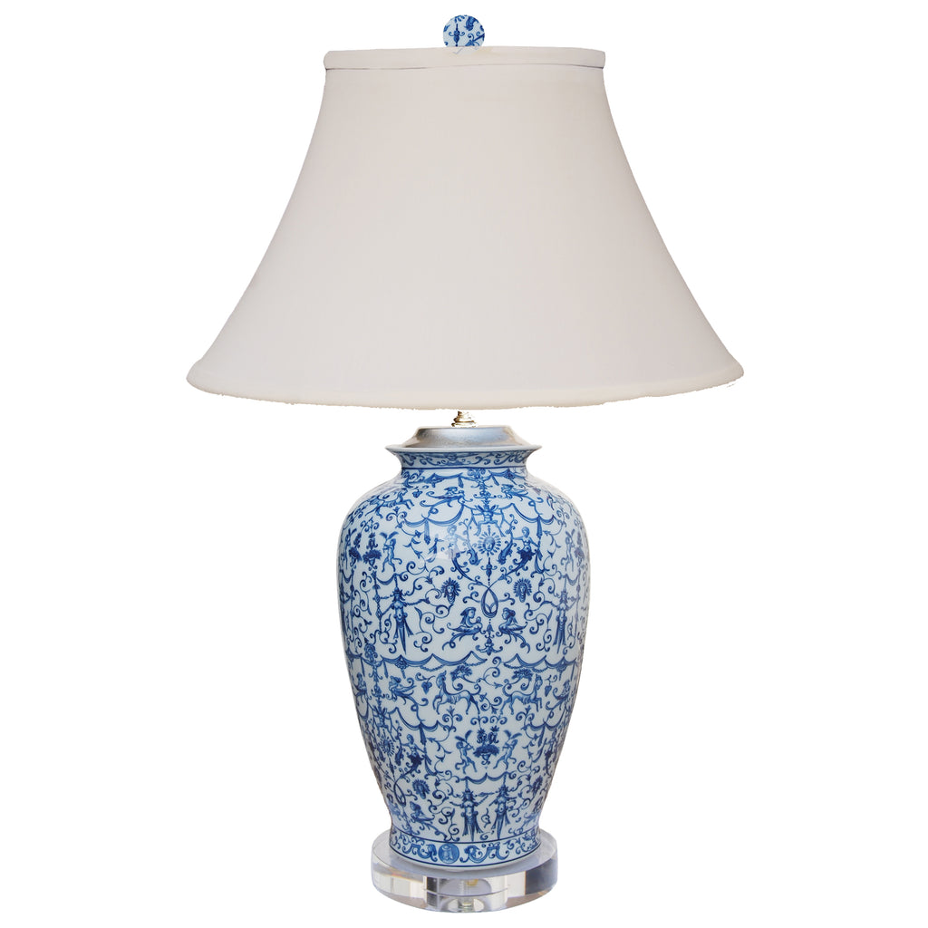 Blue & White Tara Buddha Vase Lamp with Crystal Base
