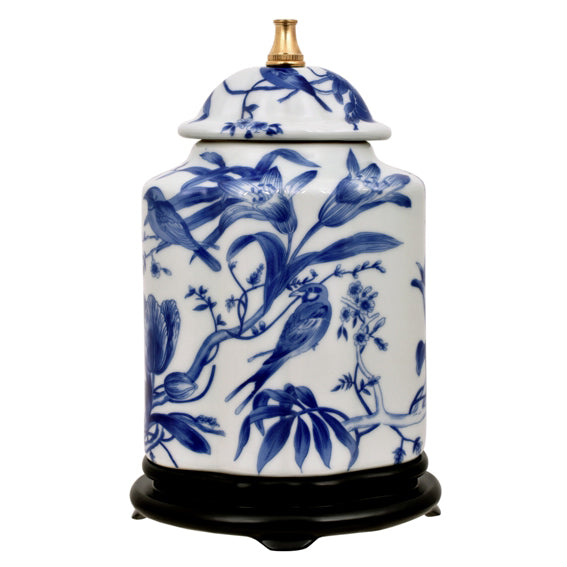Paradise Birds Blue & White Porcelain Tea Jar Table Lamp, Small