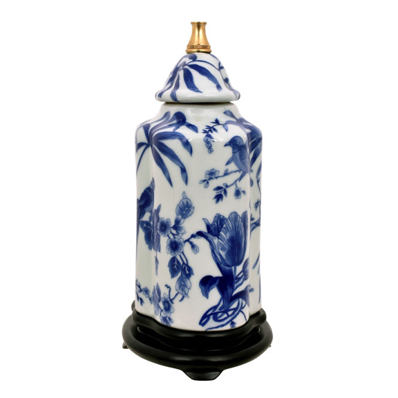 Paradise Birds Blue & White Porcelain Tea Jar Table Lamp, Small