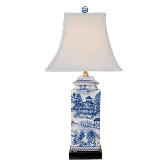 Blue & White Chinoiserie Porcelain Square Cover Jar Lamp
