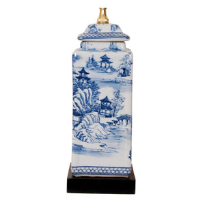 Blue & White Chinoiserie Porcelain Square Cover Jar Lamp