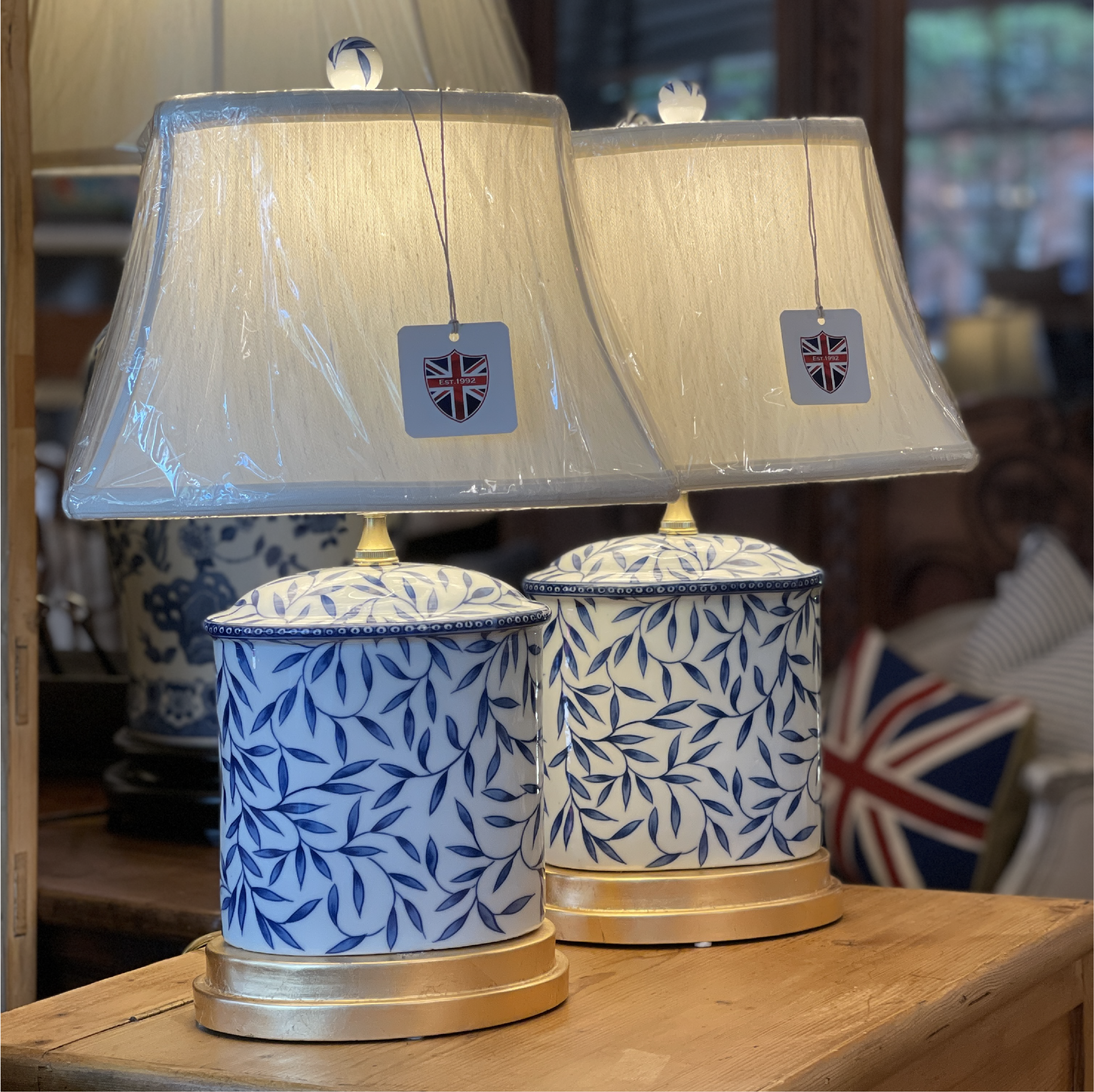 English Blue & White Porcelain Bamboo Jar Lamp with Gold Leaf Base