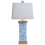 Blue & White Bamboo Flat Vase Lamp with Gold Leaf Base
