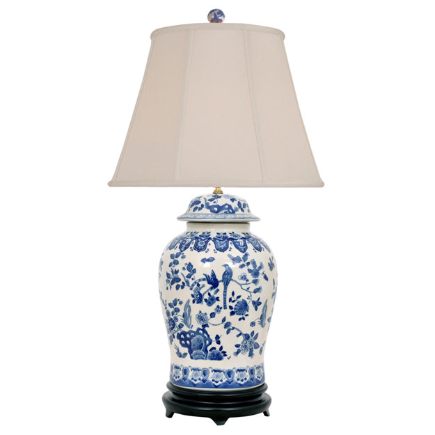 Pheasant on Tree Vines Blue & White Temple Jar Porcelain Lamp