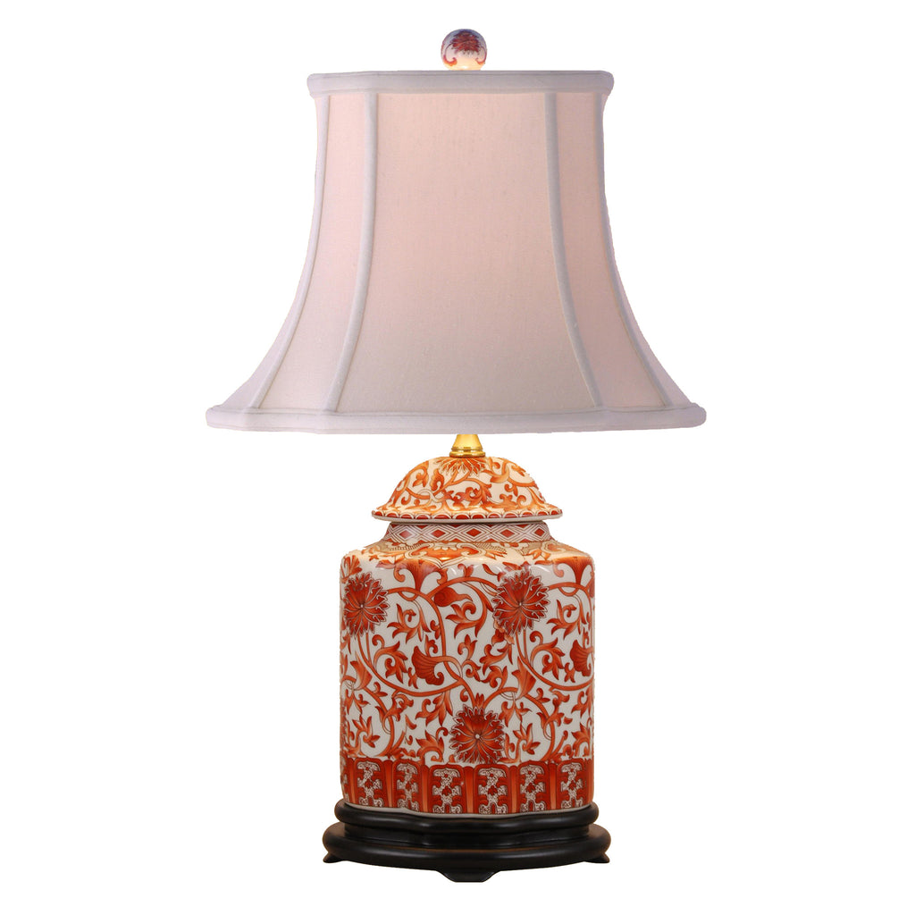 Coral Red Floral Tea Jar Porcelain Lamp