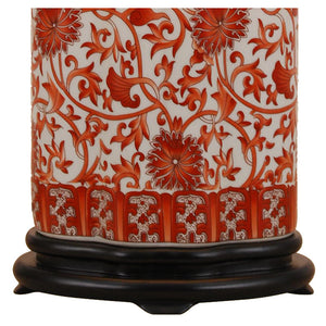 Coral Red Floral Tea Jar Porcelain Lamp