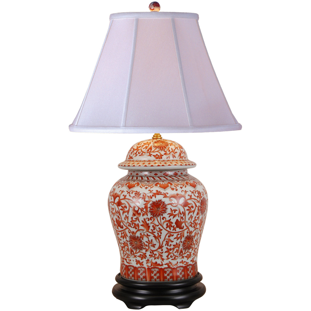Coral Red Floral Temple Jar Porcelain Lamp