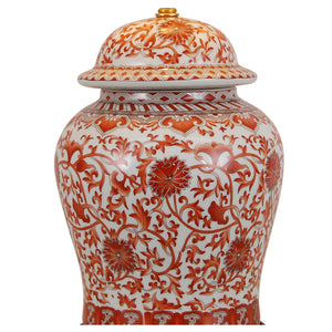 Coral Red Floral Temple Jar Porcelain Lamp