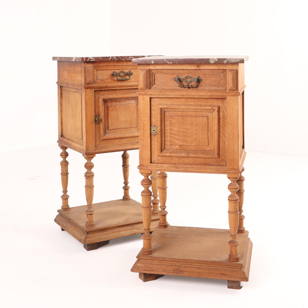 Antique French Bleached Oak Bedside Tables w/ Marble Tops c1920