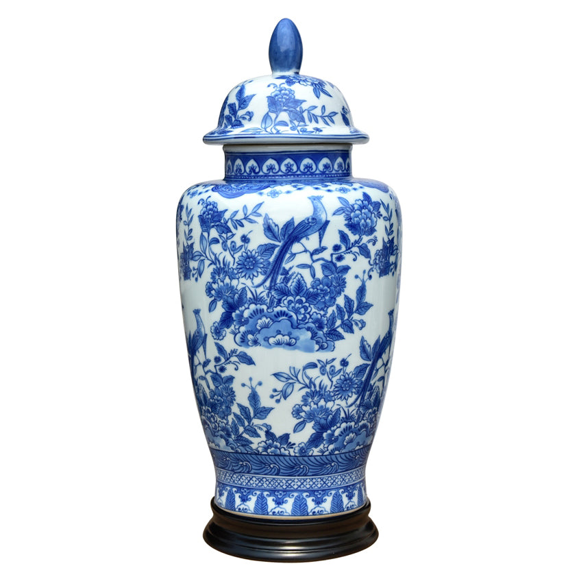 Blue & White Porcelain English Temple Jar with Base