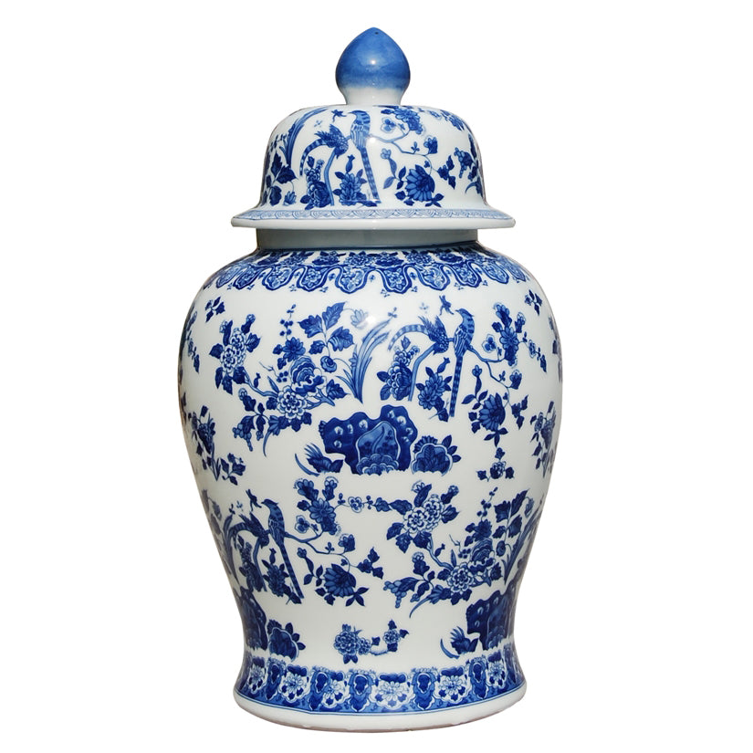 Pheasant on Tree Vines Blue & White English Temple Jar