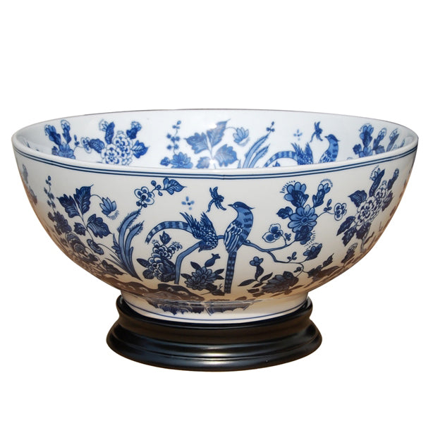 Pheasant on Tree Vines Blue & White Porcelain Bowl with Base