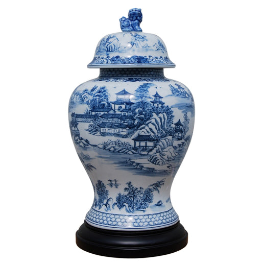 Chinoiserie Blue & White Porcelain Temple Jar with Base