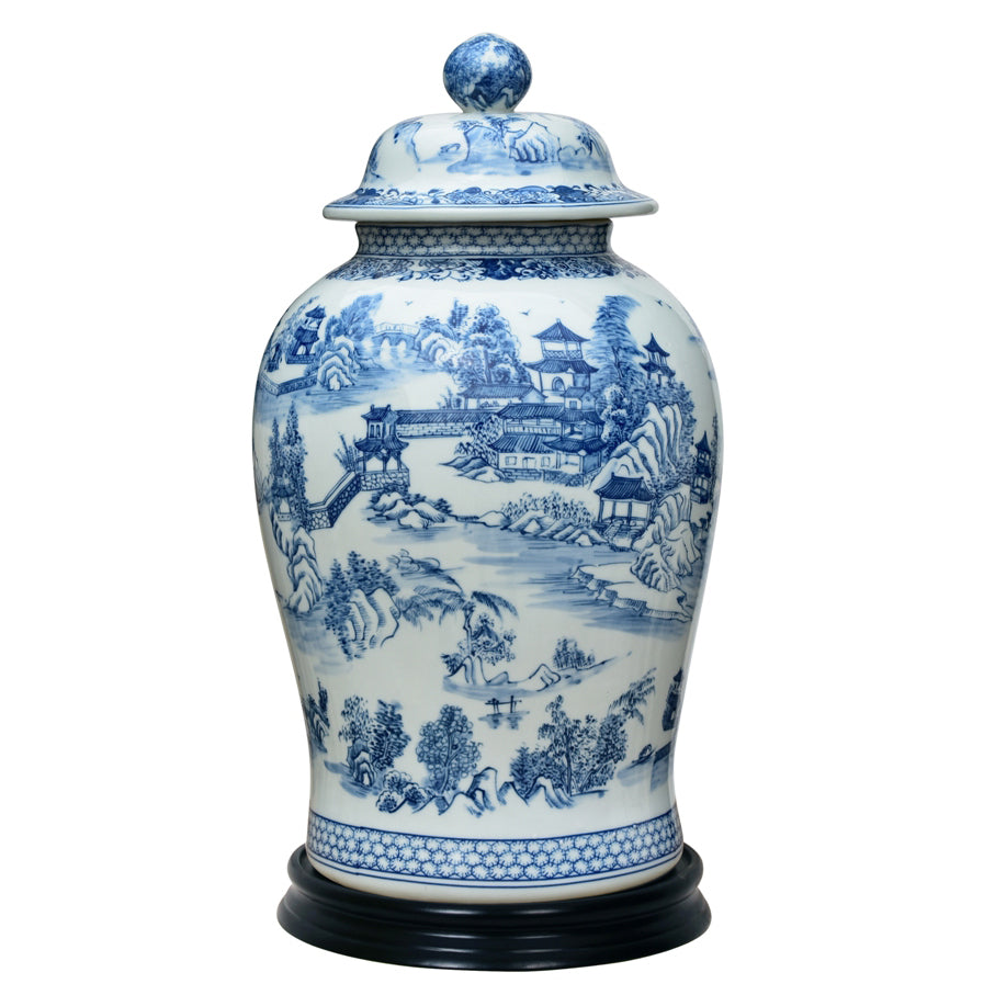 Chinoiserie Blue & White Porcelain Temple Jar with Base