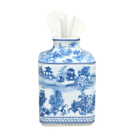 Blue & White Chinoiserie Scene Porcelain Tissue Box Holder
