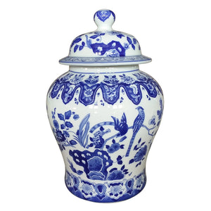 Pheasant on Tree Vines Blue & White Porcelain Temple Jar