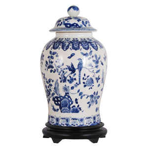 Pheasant on Tree Vines Blue & White Porcelain English Temple Jar with Base