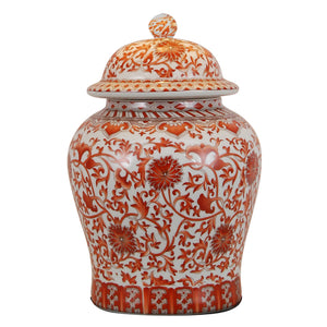 Coral Red Floral Porcelain Temple Jar