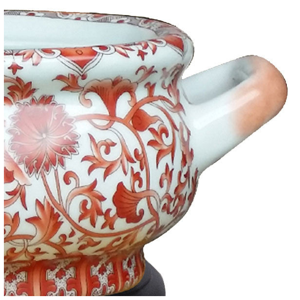Coral Red Floral Porcelain Footbath with Base
